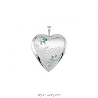 Sterling Silver Heart Engraved Mom Locket with Green Leafs
