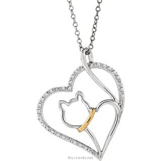 10kt Yellow Gold & Sterling Silver 1/10 CTW Diamond Cat Heart 18" Necklace