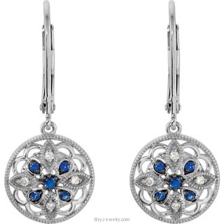 Genuine Blue Sapphire Diamond Lever Back Earrings