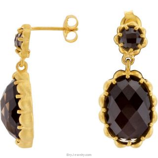 14K Gold Plated Checkerboard Smoky Quartz Earrings