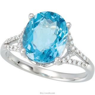 14K White Oval Swiss Blue Topaz Diamond Ring