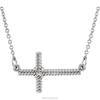 14K White Gold Sideways Rope Cross Necklace