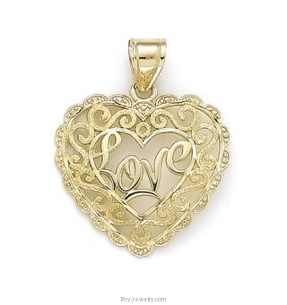 14K Gold Love Heart Filigree Diamond Cut Pendant